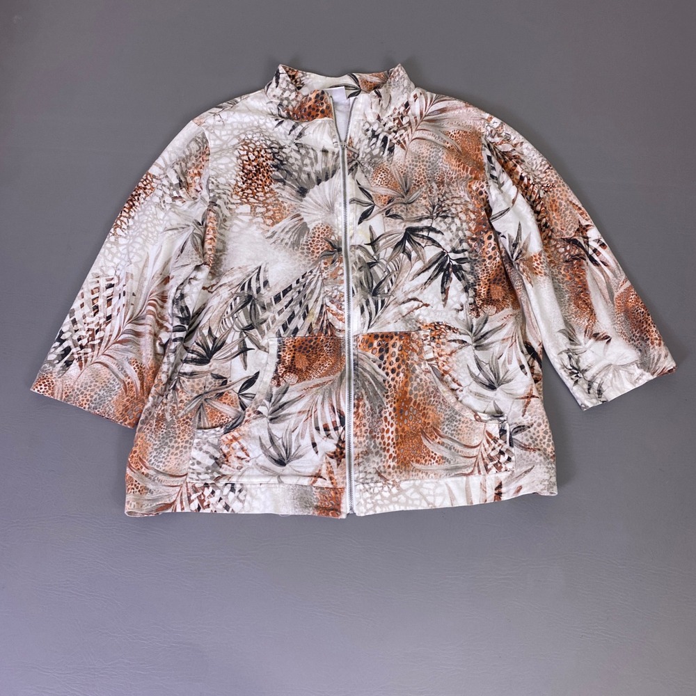 Weekends by Chicos Jacket Top Women Size 3 US XL Tropical Animal Print Zip *Flaw